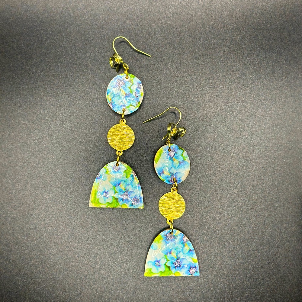 Handmade Blue Floral Wooden Earrings